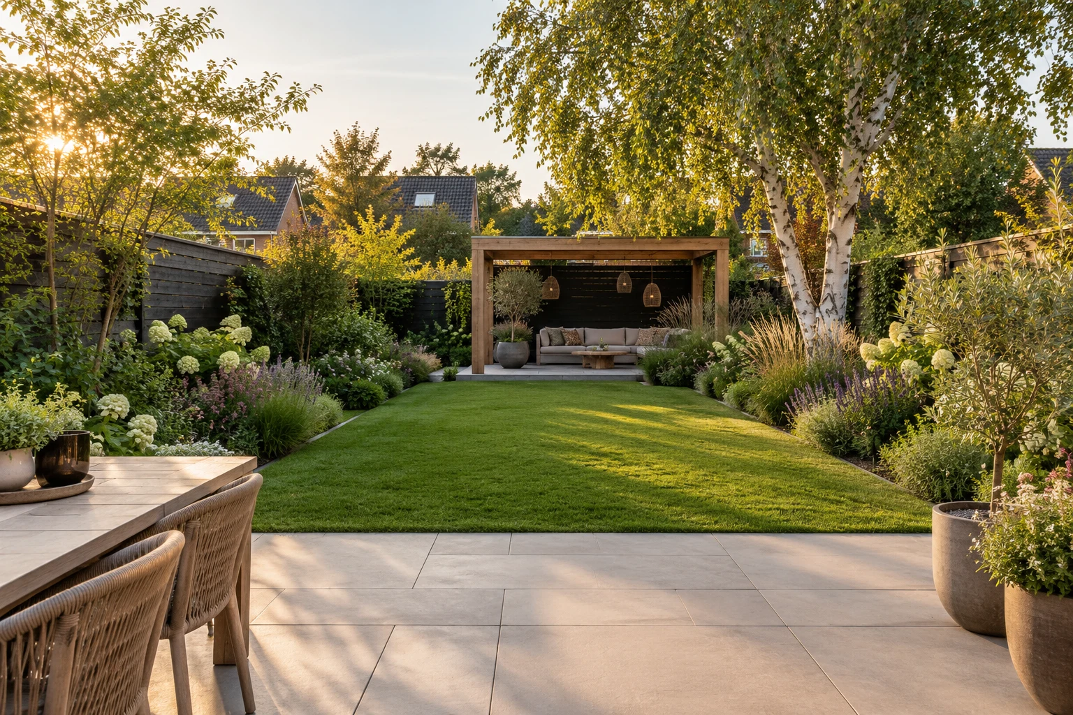 Tuinimpressie met een terras, groene borders, gazon en houten pergola