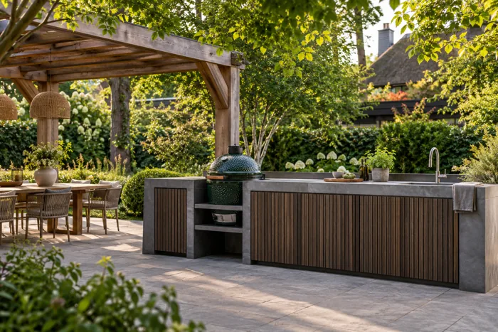 Sfeerimpressie van een buitenkeuken met kamado en houten kasten