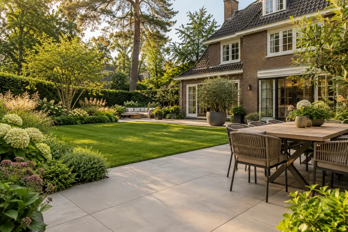 Tuinimpressie met keramisch terras, gazon en groene borders