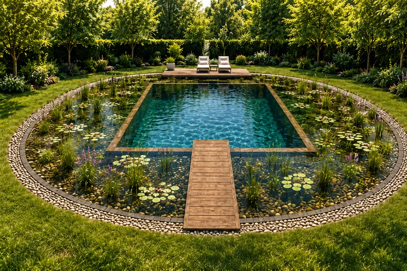 Ontwerpimpressie van een natuurlijke zwemvijver met een rechthoekige zwemzone, een ronde beplantingszone en houten steiger